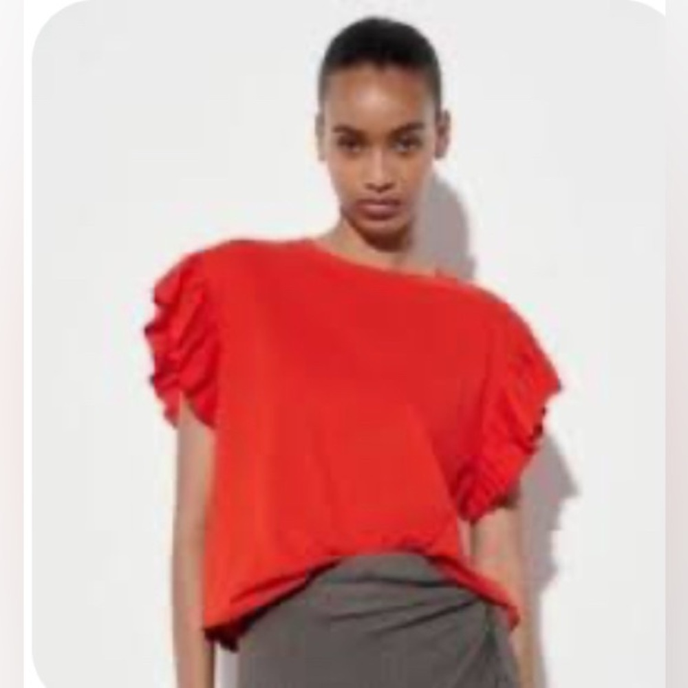 NWT- Zara Red Ruffle Sleeve Top Medium